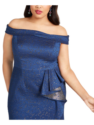 Adrianna Papell Womens Plus Evening Dress Metallic Off-the-Shoulder - Light Navy Blue Size 22