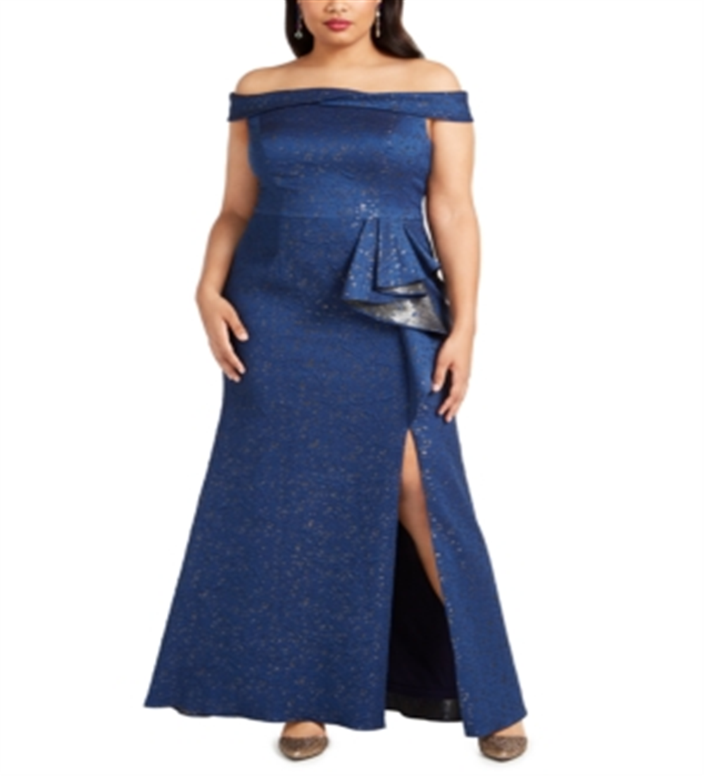 Adrianna Papell Womens Plus Evening Dress Metallic Off-the-Shoulder - Light Navy Blue Size 22