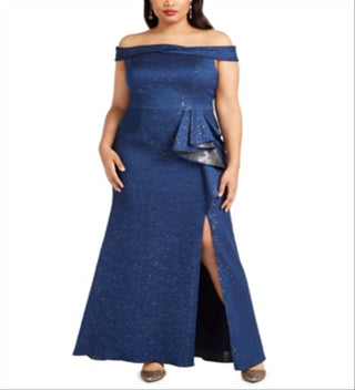 Adrianna Papell Womens Plus Evening Dress Metallic Off-the-Shoulder - Light Navy Blue Size 22
