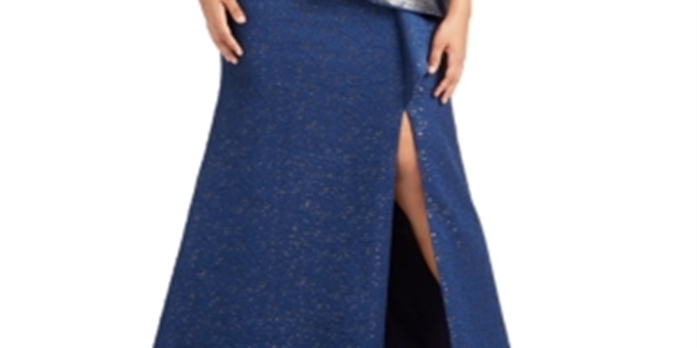 Adrianna Papell Womens Plus Evening Dress Metallic Off-the-Shoulder - Light Navy Blue Size 22