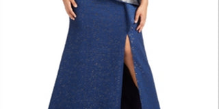 Adrianna Papell Womens Plus Evening Dress Metallic Off-the-Shoulder - Light Navy Blue Size 22