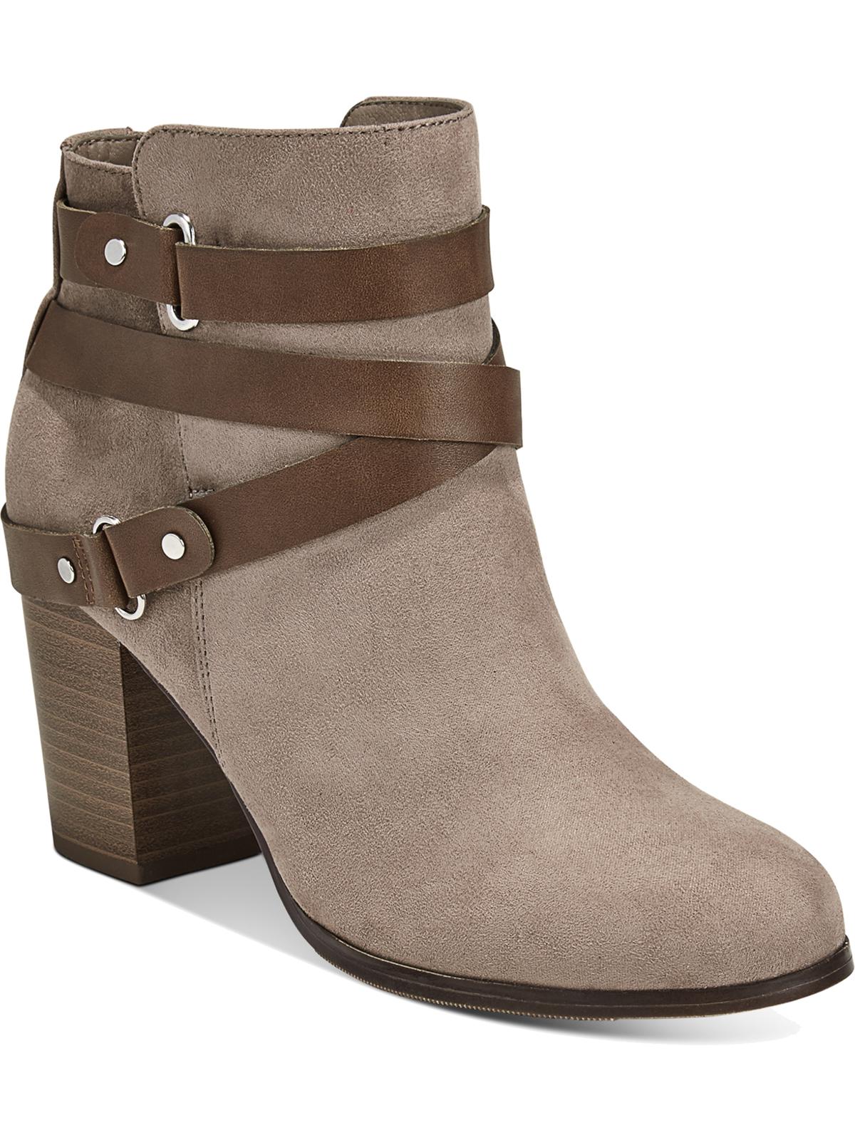 Material Girl Women's Buckled Strap Hardware Detail Cushioned Melany Round Toe Block Heel Zip up Booties Brown Size 9.5 M