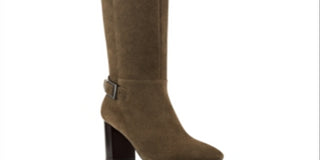 Bandolino Womens Green Metal Heel Accent Buckle Accent Cushioned Bilya Almond Toe Block Heel Zip-up Leather Heeled Boots 8.5 M