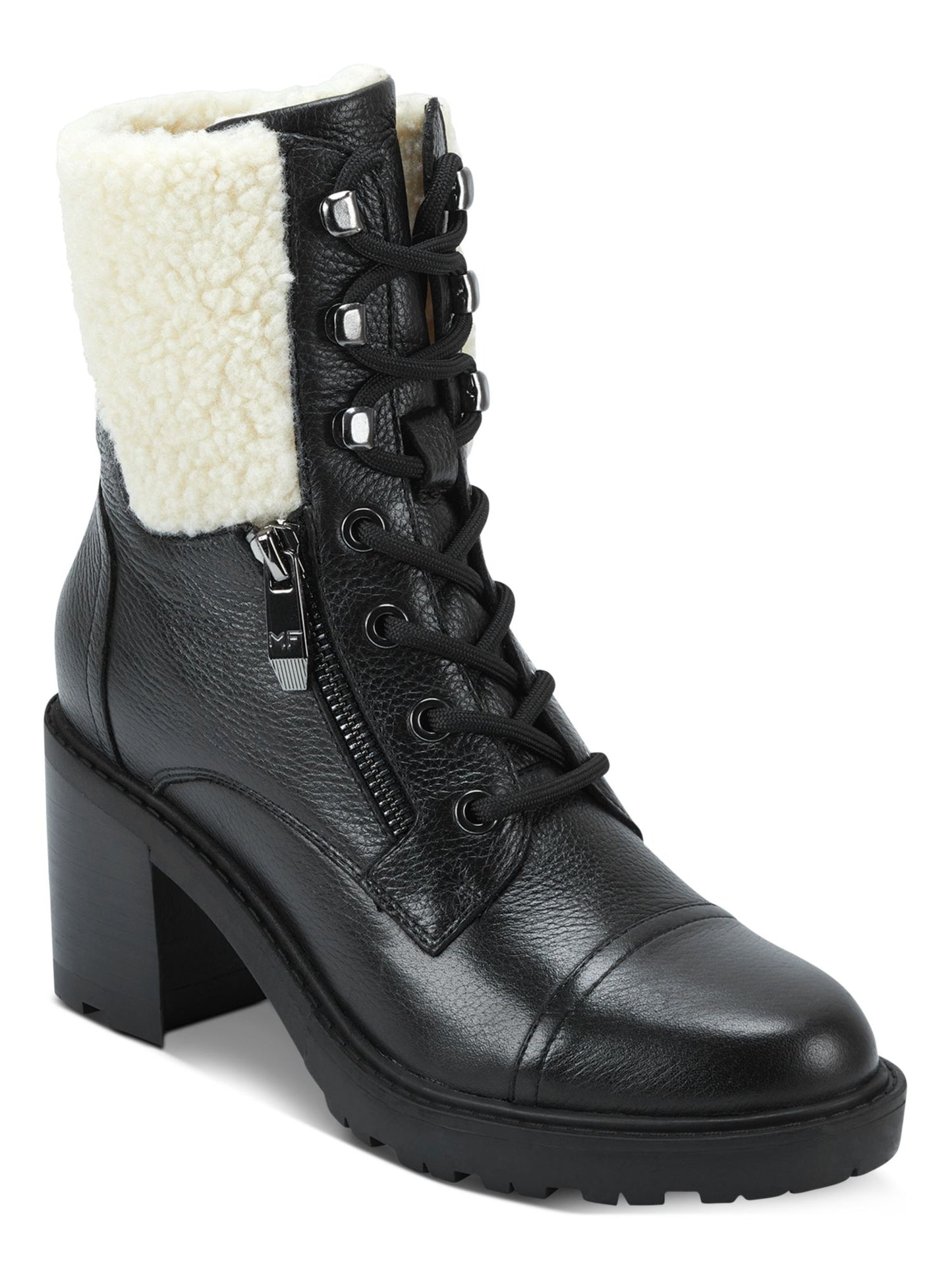 Marc Fisher Women's Padded Zipper Accent Lace up Cap Toe Lug Sole Fur Trim Lansly Round Toe Block Heel Zip up Booties Black Size 9.5M