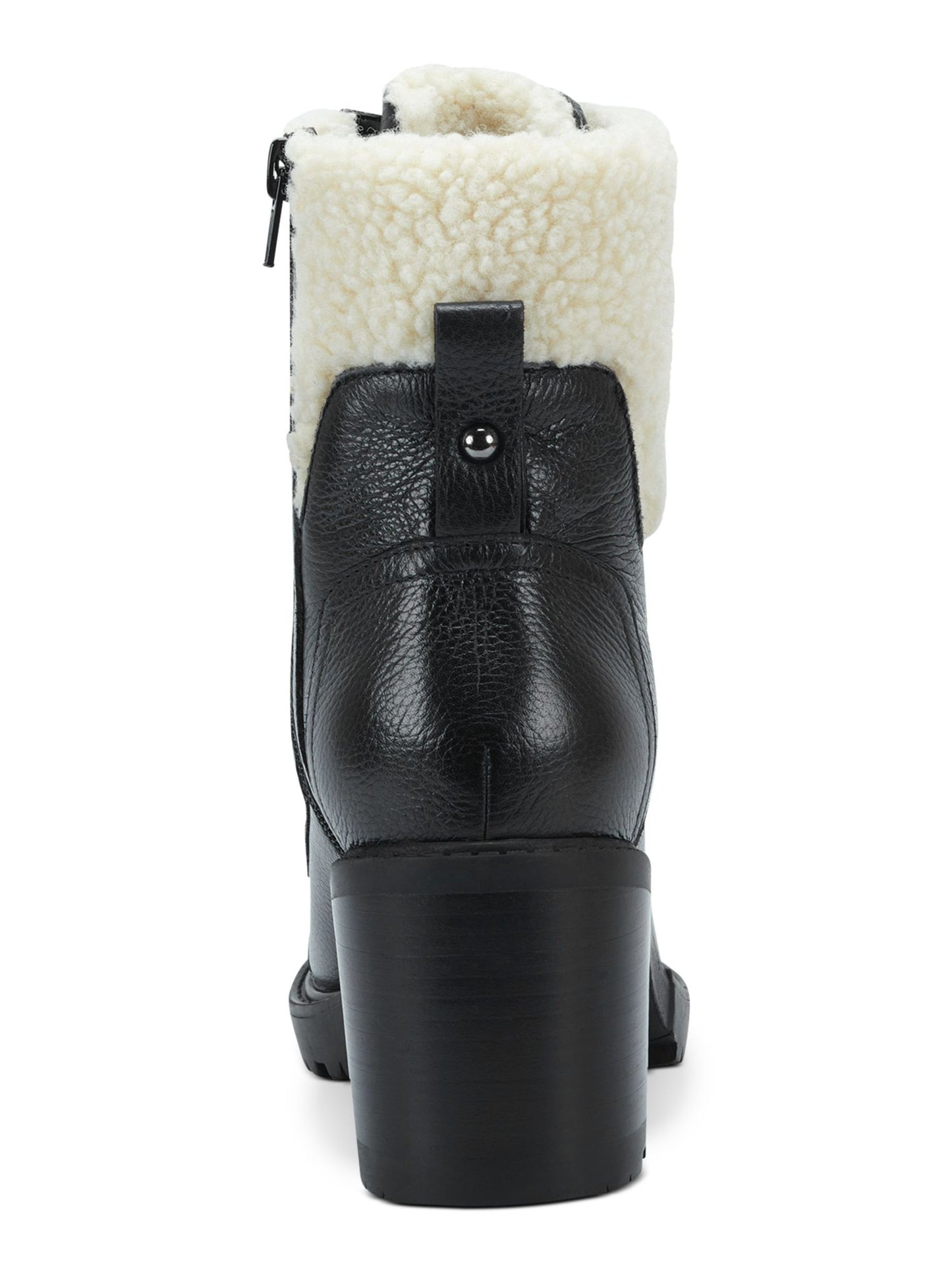 Marc Fisher Women's Padded Zipper Accent Lace up Cap Toe Lug Sole Fur Trim Lansly Round Toe Block Heel Zip up Booties Black Size 9.5M