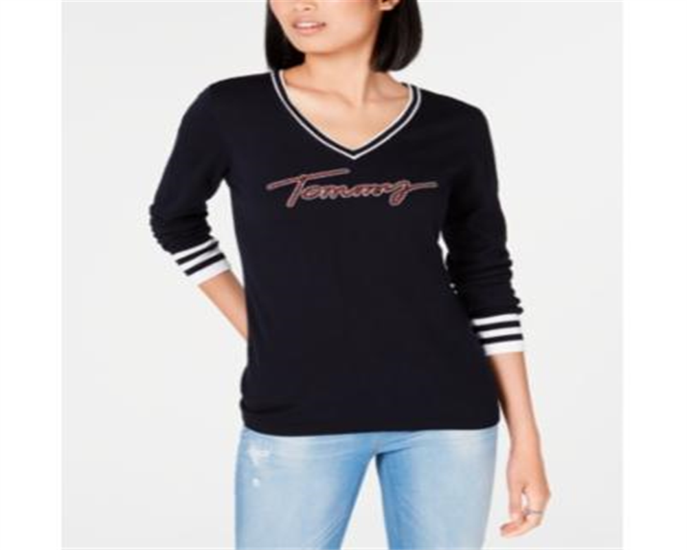 Tommy Hilfiger Women's  Logo Ivy V-Neck Sweater  Sky Captain Multi Black Size XL