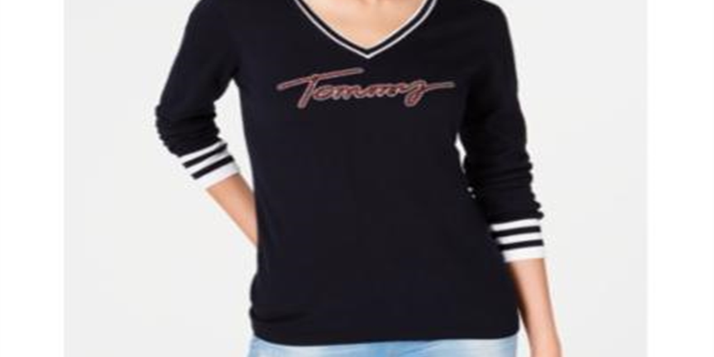 Tommy Hilfiger Women's  Logo Ivy V-Neck Sweater  Sky Captain Multi Black Size XL