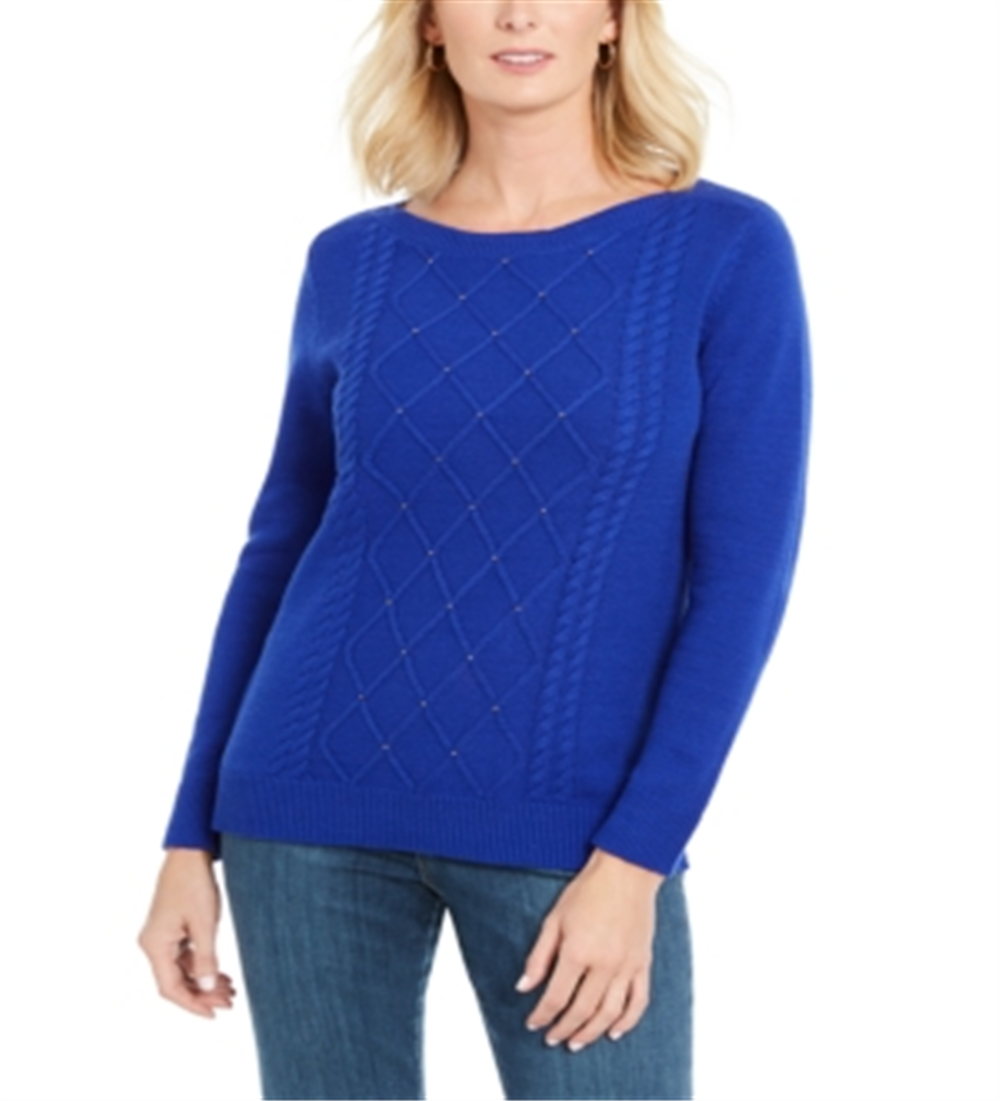 Karen Scott Women's Cable-Knit Beaded Sweater  Bright Blue Size XS