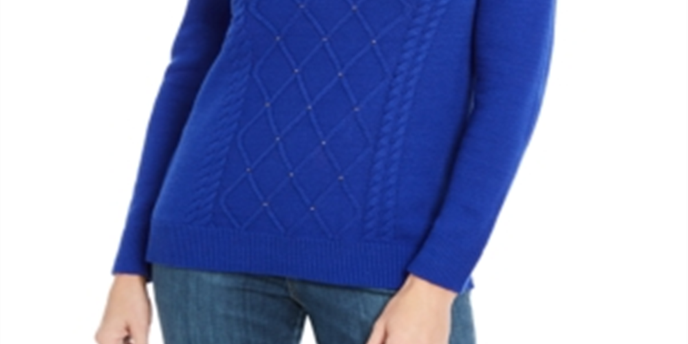 Karen Scott Women's Cable-Knit Beaded Sweater  Bright Blue Size XS