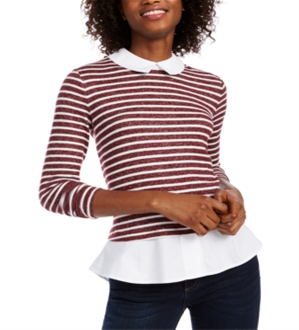 Maison Jules Women's Striped Faux Layer Top  Ruby Wine Red Size 2XL