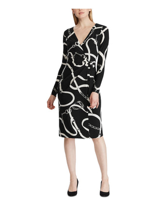 Lauren Ralph Lauren Women's Printed Long Sleeve V Neck Below the Knee Sheath Evening Dress Black Size 4