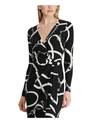 Lauren Ralph Lauren Women's Printed Long Sleeve V Neck Below the Knee Sheath Evening Dress Black Size 4