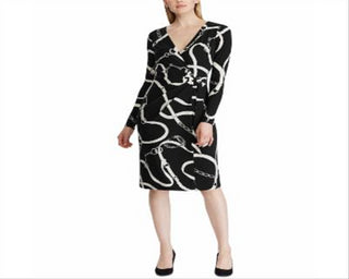Lauren Ralph Lauren Women's Printed Long Sleeve V Neck Below the Knee Sheath Evening Dress Black Size 4