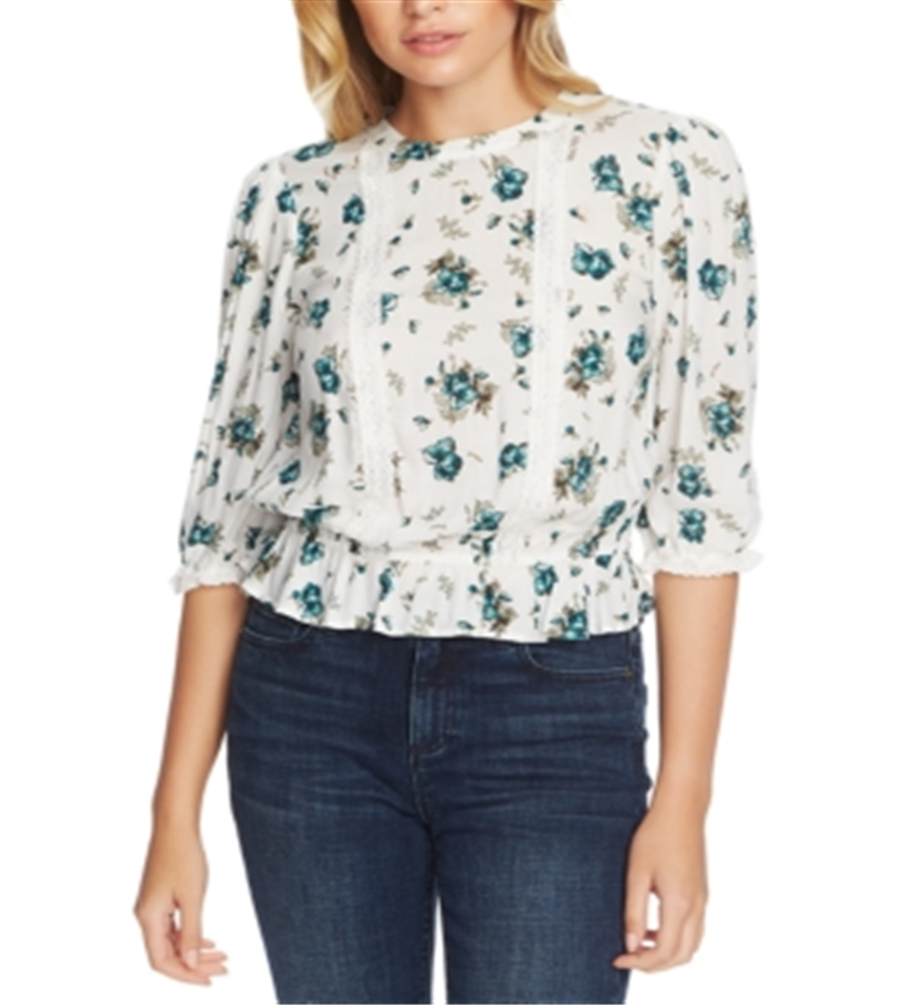 1.STATE Women's Floral-Print Lace-Inset Top Ivory Multi Size Small