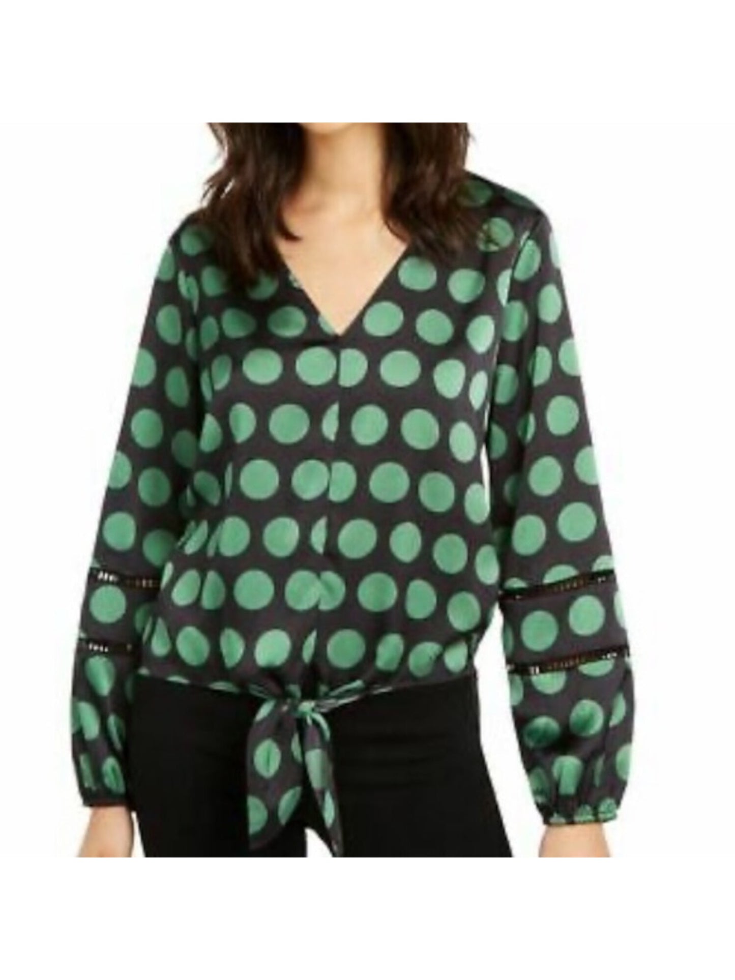 INC Women's Polka Dot Long Sleeve V Neck Top Black Size XS
