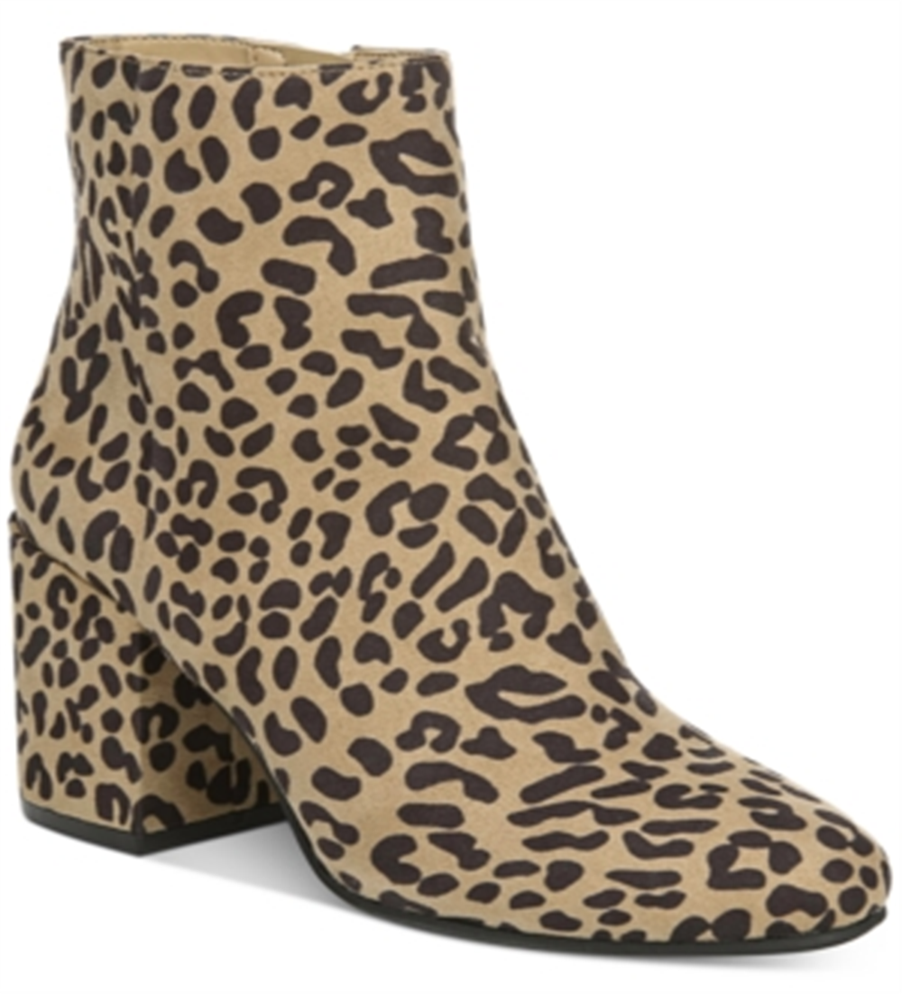 Bar III Women's Leopard Print Comfort Cushioned Gatlin Almond Toe Block Heel Zip up Dress Booties Brown Size 9.5 M