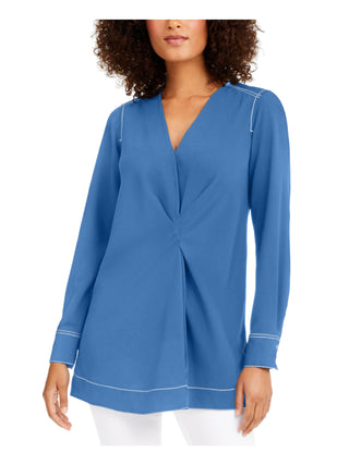 Alfani Women's  Solid Long Sleeve V Neck Tunic Top  Blue Size XL