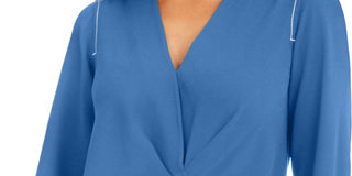 Alfani Women's  Solid Long Sleeve V Neck Tunic Top  Blue Size XL