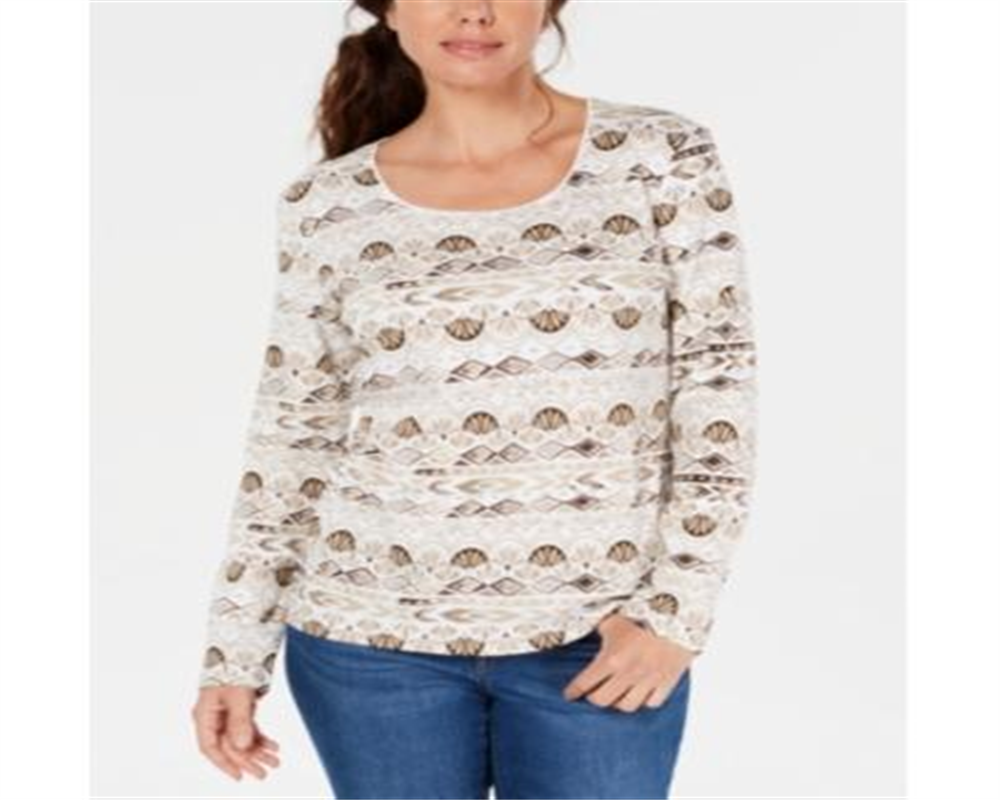Karen Scott Women's Watercolor Scoop-Neck Top New Khaki Size XL