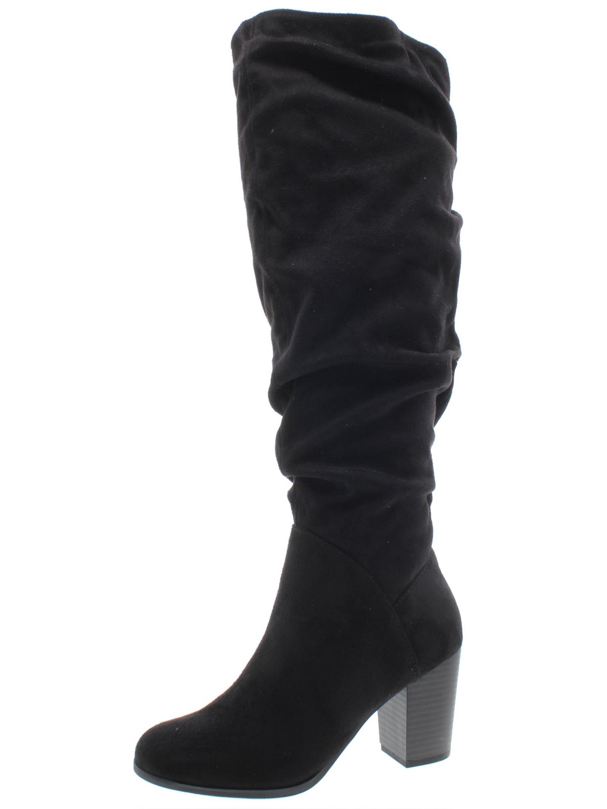 Material Girl Women's V Notch Detail Cushioned Comfort Zipper Accent Ruched Myah Block Heel Boots Black Size 6 M