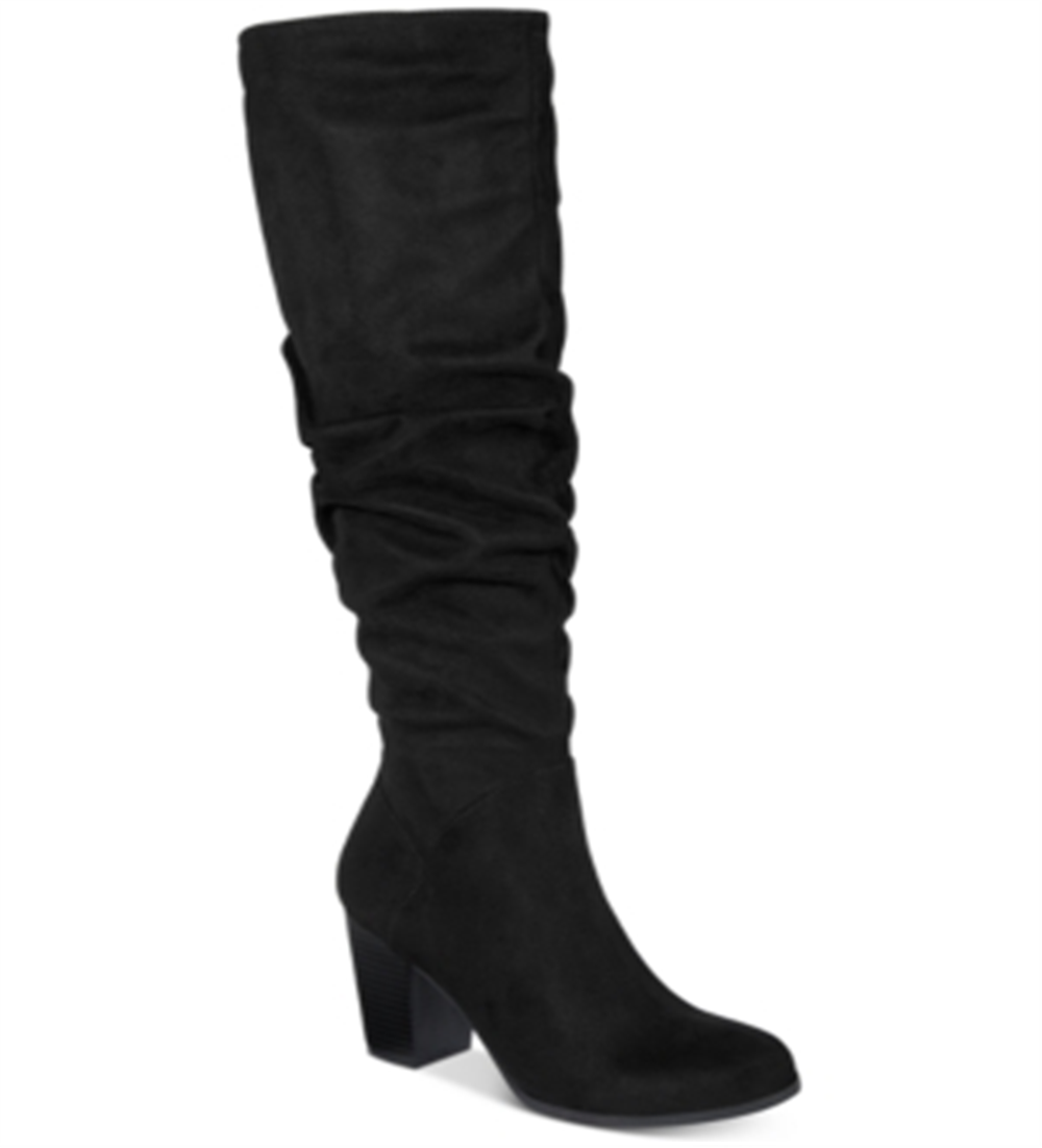 Material Girl Women's V Notch Detail Cushioned Comfort Zipper Accent Ruched Myah Block Heel Boots Black Size 6 M