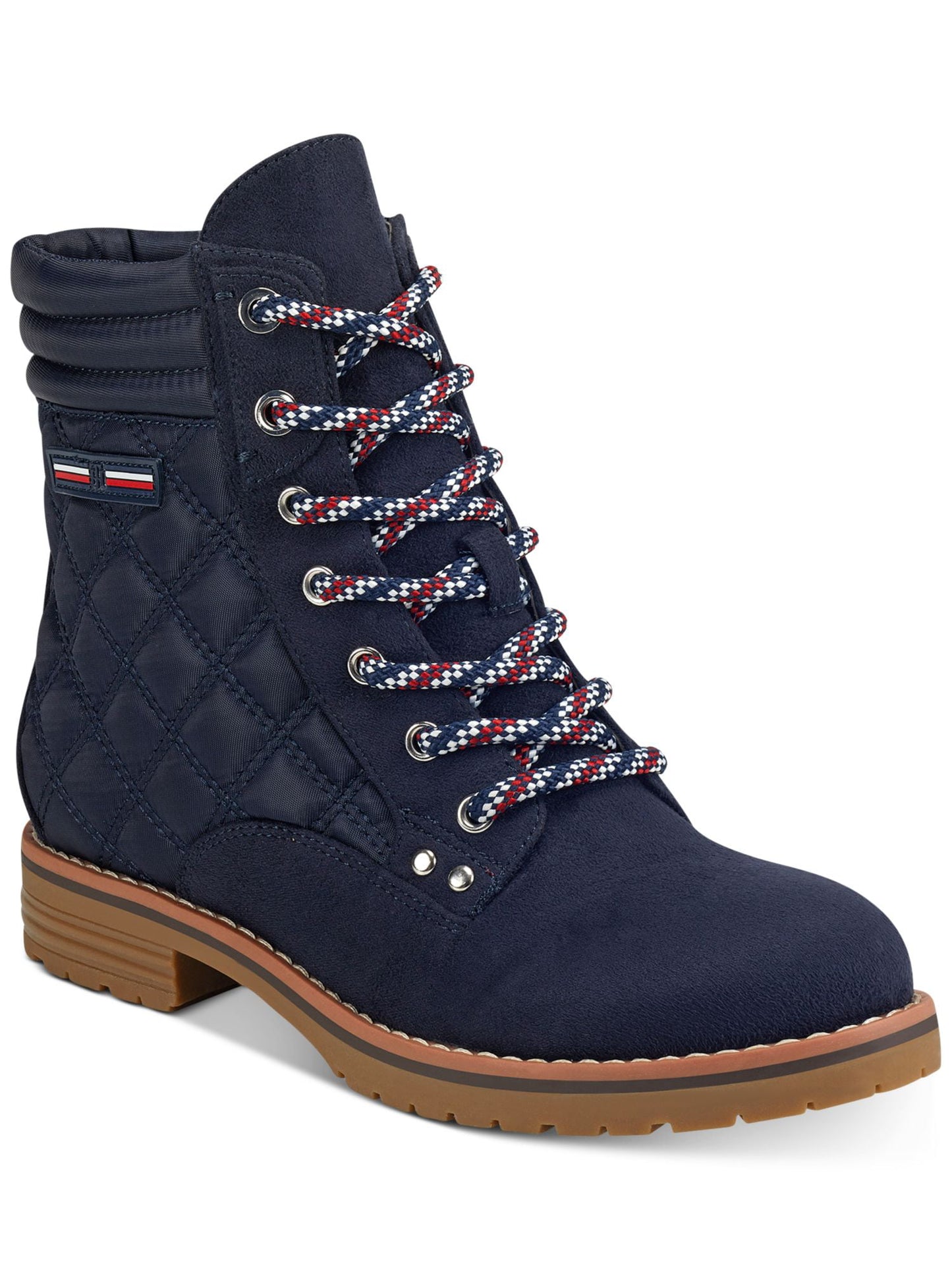 Tommy Hilfiger Women's 0.5 Platform Quilted Zipper Accent Onella Round Toe Block Heel Lace up Booties Blue Size 5.5 M