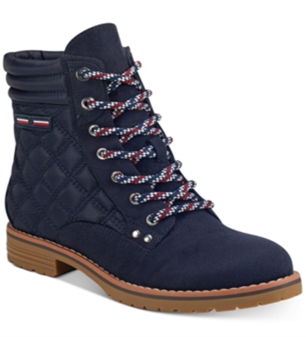 Tommy Hilfiger Women's 0.5 Platform Quilted Zipper Accent Onella Round Toe Block Heel Lace up Booties Blue Size 5.5 M