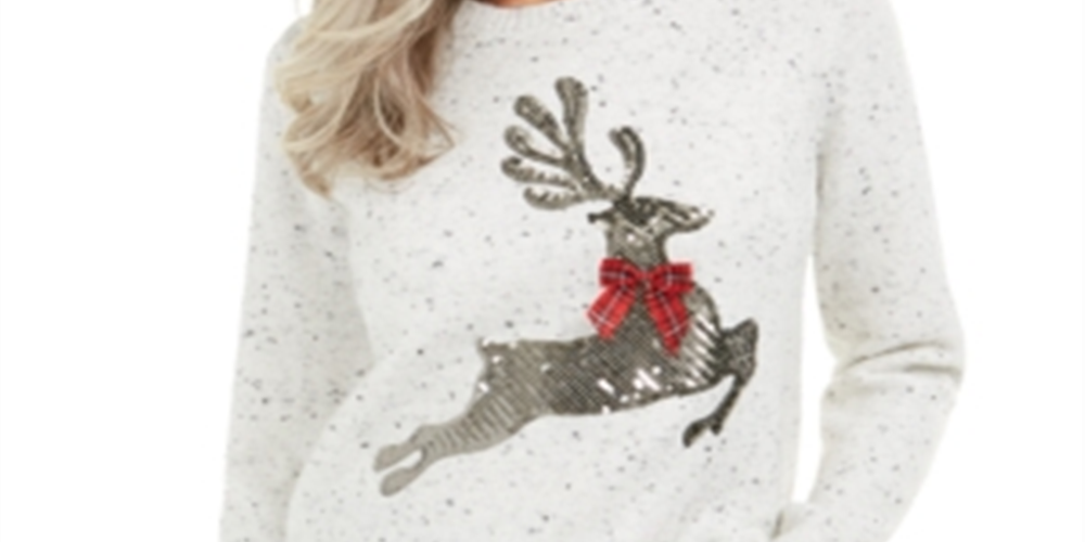 Karen Scott Women's Sequined Reindeer Sweater  White Combo Size 2XL