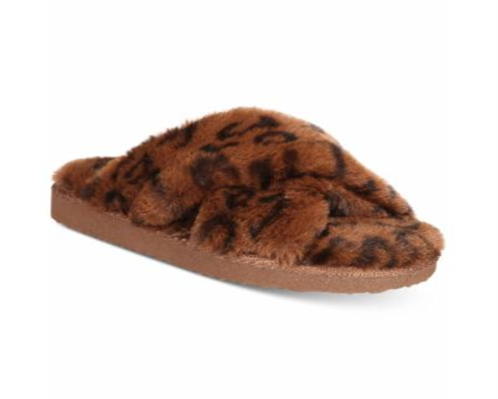 INC International Concepts Women's Animal Print 0.5 Platform Fur Trim Yayla Round Toe Platform Slip on Slippers Brown Size 5 M