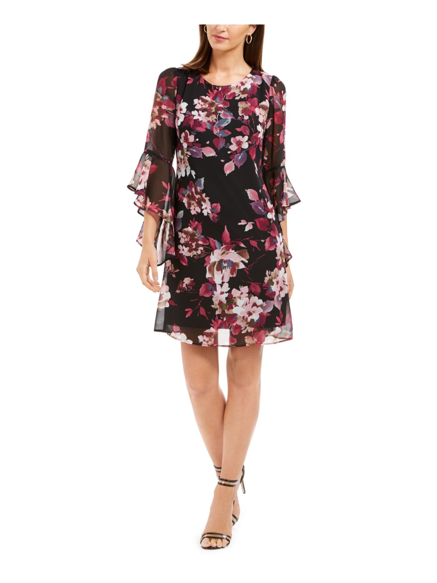 Connected Apparel Women's Floral Bell Sleeve Jewel Neck Above the Knee Sheath Dress Black Size 10