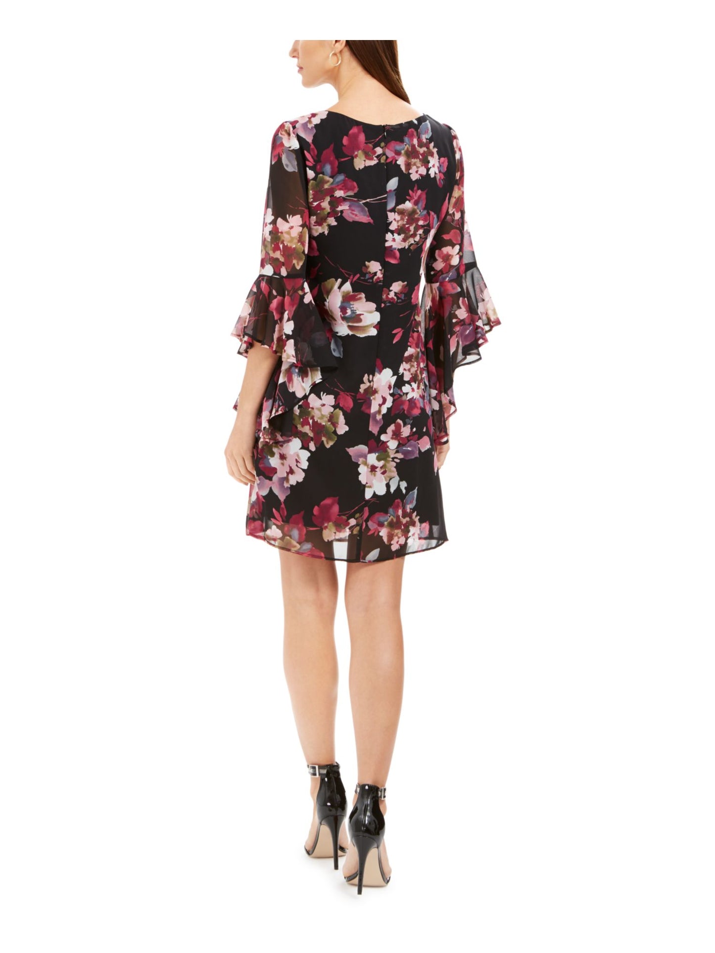 Connected Apparel Women's Floral Bell Sleeve Jewel Neck Above the Knee Sheath Dress Black Size 10