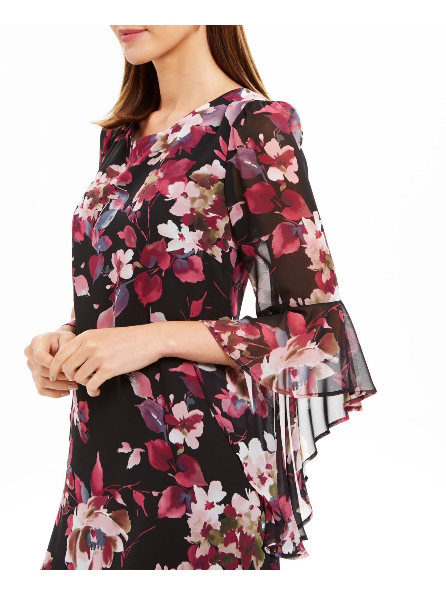 Connected Apparel Women's Floral Bell Sleeve Jewel Neck Above the Knee Sheath Dress Black Size 10