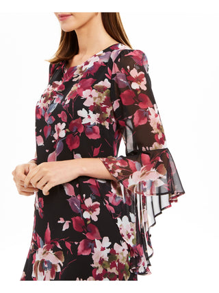 Connected Apparel Women's Floral Bell Sleeve Jewel Neck Above the Knee Sheath Dress Black Size 10