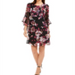 Connected Apparel Women's Floral Bell Sleeve Jewel Neck Above the Knee Sheath Dress Black Size 10