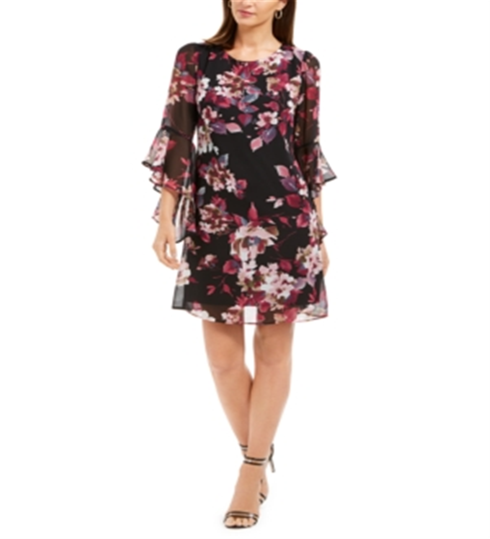 Connected Apparel Women's Floral Bell Sleeve Jewel Neck Above the Knee Sheath Dress Black Size 10