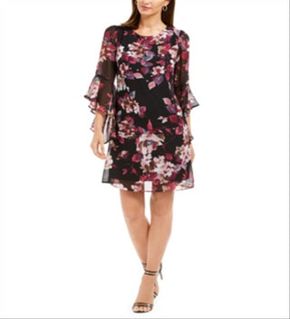 Connected Apparel Women's Floral Bell Sleeve Jewel Neck Above the Knee Sheath Dress Black Size 10