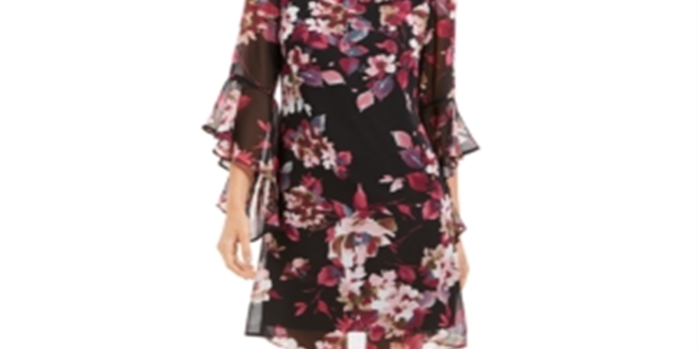 Connected Apparel Women's Floral Bell Sleeve Jewel Neck Above the Knee Sheath Dress Black Size 10