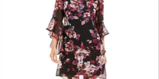 Connected Apparel Women's Floral Bell Sleeve Jewel Neck Above the Knee Sheath Dress Black Size 10
