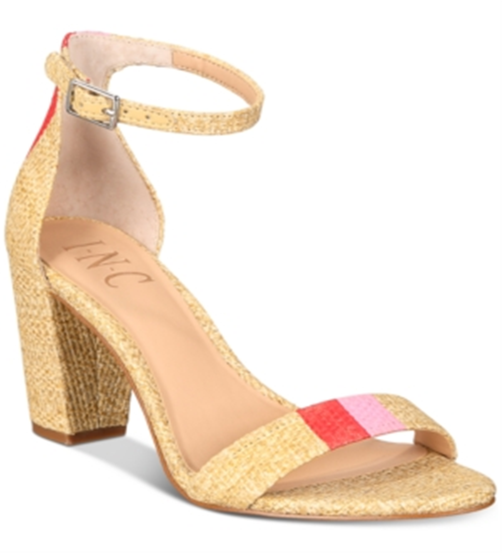 INC International Concepts Women's Kivah 20 Straw Stripe Heel Sandals Tan Brown Size 8 M
