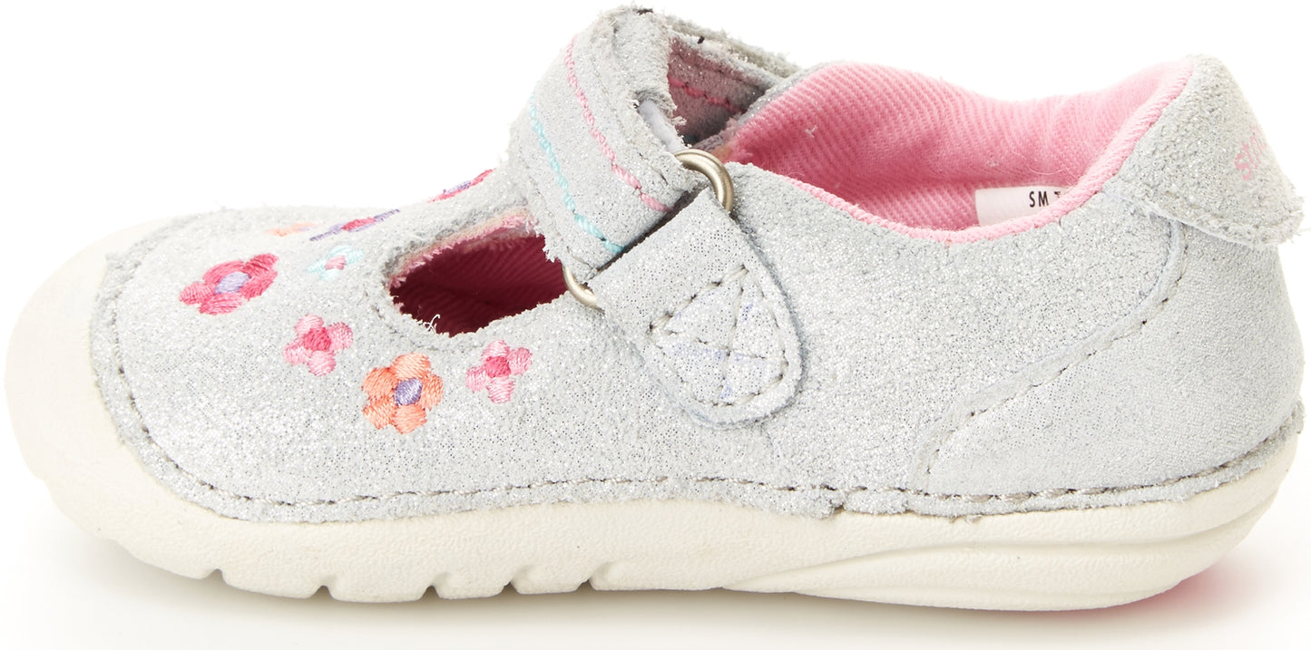 Stride Rite Girl's Mary Janes Floral Tonia T-Strap Shoe Silver Size 3 W