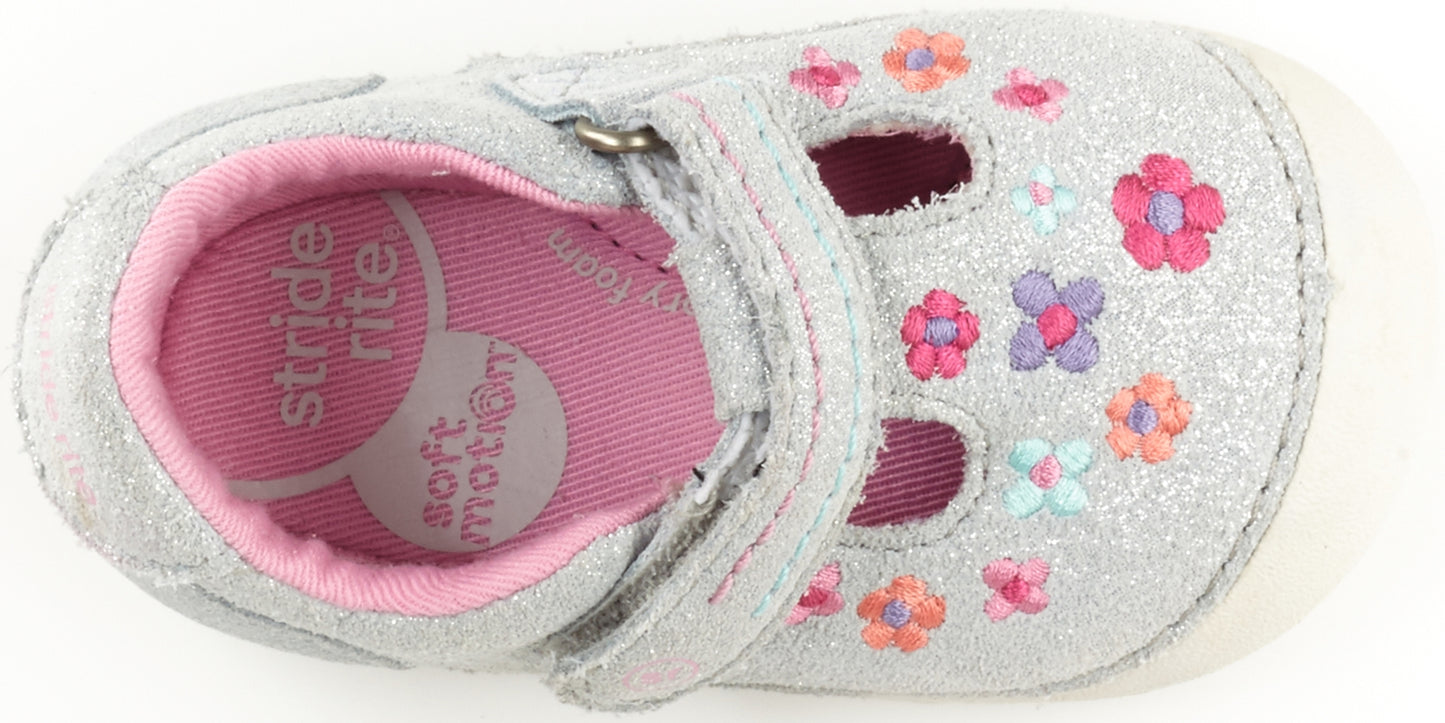 Stride Rite Girl's Mary Janes Floral Tonia T-Strap Shoe Silver Size 3 W
