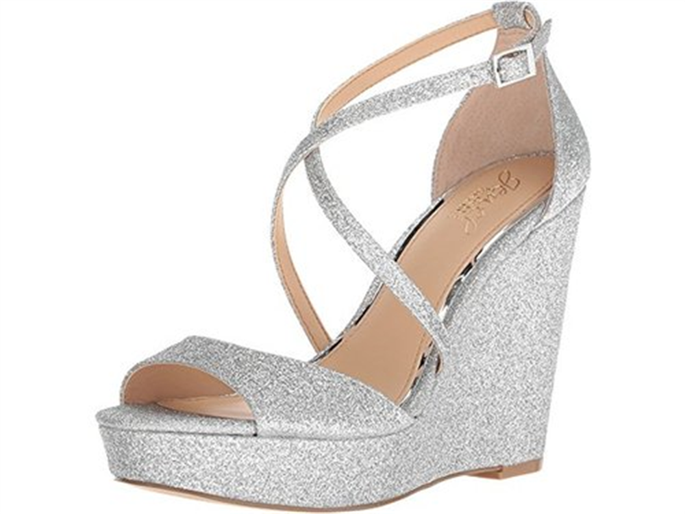 Jewel Badgley Mischka Women's Platform Crisscross Straps Padded Adjustable Ankle Strap Averie Round Toe Wedge Buckle Dress Sandals Silver Size 5.5 M