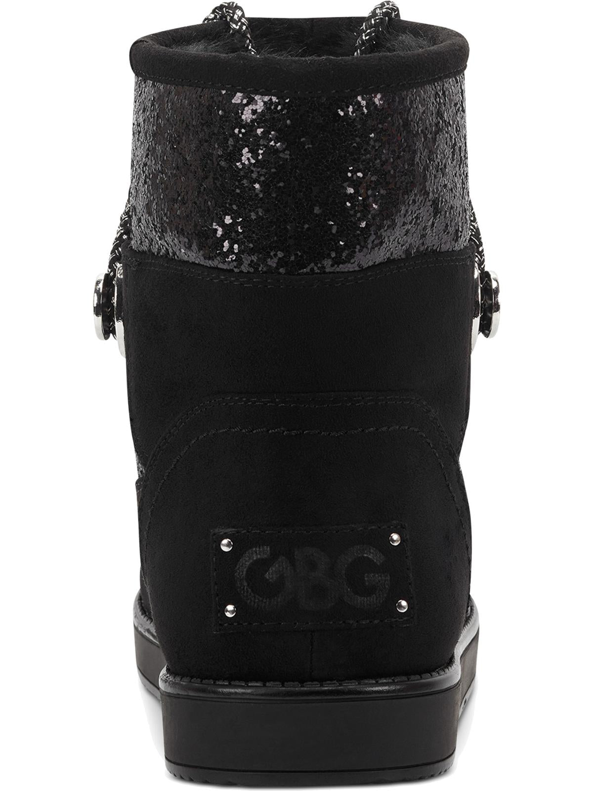 Gbg Guess Women's Logo Sparkle Insert Lace up Detail Cushioned Insulated Aylan Round Toe Snow Boots Black Size 6.5 M