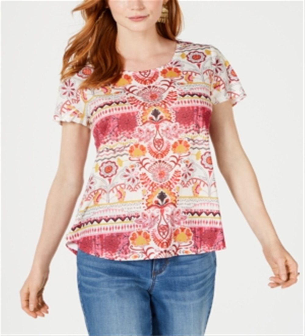 Style & Co Women's Printed Scoop-Neck Top  Bloom Rituals Pink Size Medium