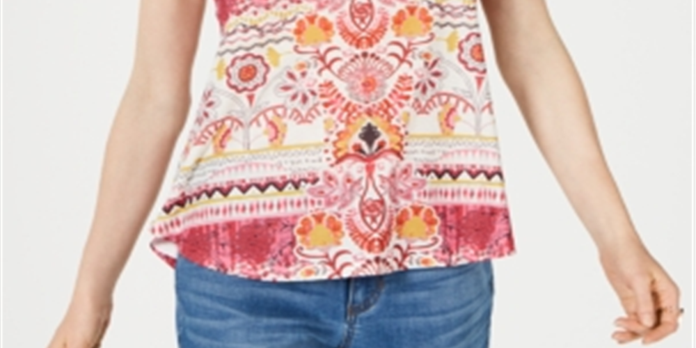 Style & Co Women's Printed Scoop-Neck Top  Bloom Rituals Pink Size Medium