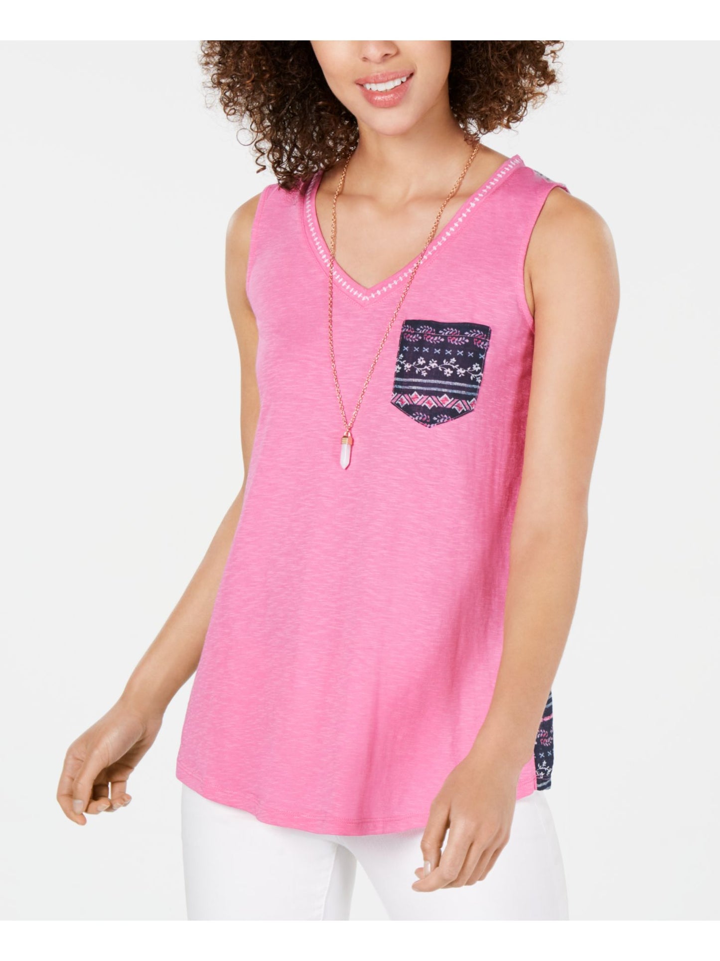 Style & Co Women's  Pocketed Embroidered Printed Sleeveless V Neck Tank Top Pink Size Medium
