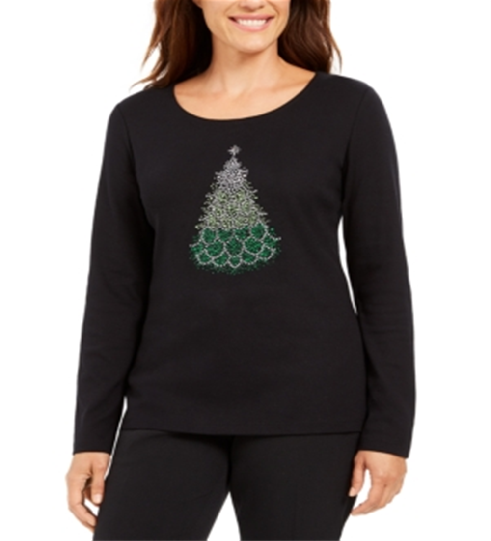 Karen Scott Women's Holiday-Print T-Shirt  Black Size 2XL