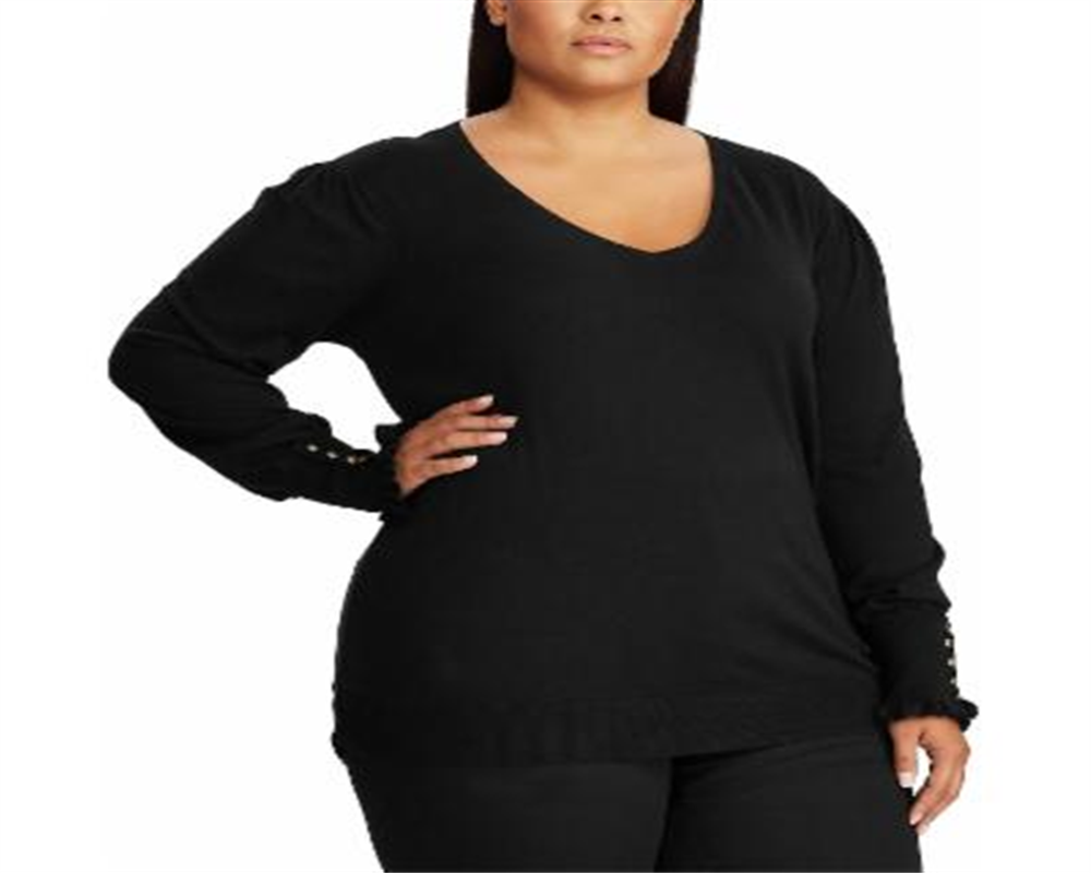 Lauren Ralph Lauren Women's Plus Buttoned-Cuff Long-Sleeve Sweater  Black Size 2X