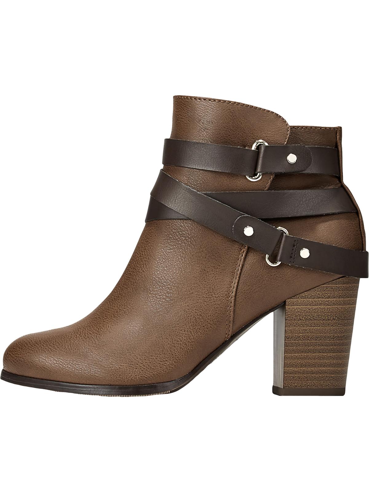 Material Girl Women's Strappy Cushioned Buckle Accent Melany Round Toe Block Heel Zip up Booties Brown Size 6.5 M