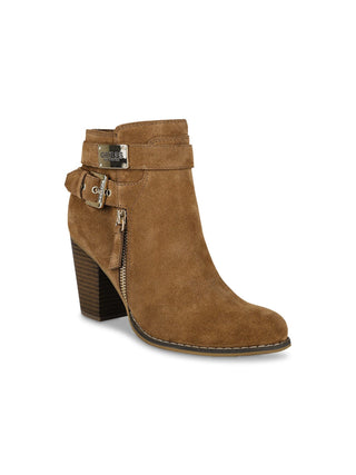 Guess Women's Round Toe Block Heel Zip up Leather Dress Booties Brown Size10 M